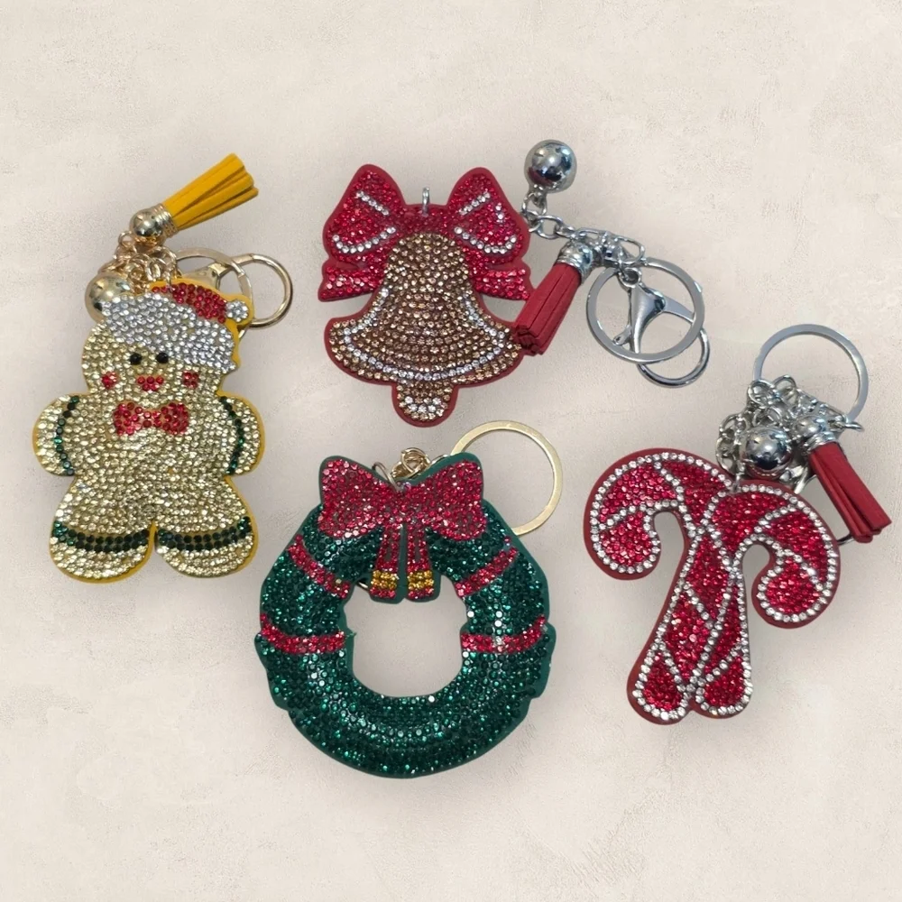 Festive Holiday Set Of 4 Bag Charm Keychain Set